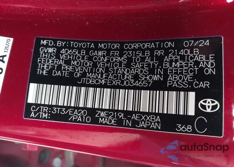 2024 Toyota Corolla Hybrid Xle из США, поврежденный, VIN JTDBCMFEXRJ034657